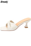Heels Slippers Women Summer Shoes Slides Low Fashion Heeled Mules Pantofle Luxury High 2023 Basic Retro Fabric Rubber