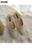 Women Brand Flat Slippers Summer Slides Bowtie Shallow Square Toe Mule Women Breathable Knitting Flip Flops Women Platform
