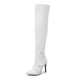 Winter Thin Heels Thigh Boots Women Pointed Toe Over the Knee Boots Big Size 48 Buckles Stiletto Patent Leather Zip