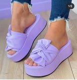 Solid Color Muffin Sandals, Bow Tie, Slippers, Women Wear Beach Slippers With Thick