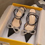 Pointed Toe Rhinestone Pumps Women Crystal Ankle Strap High Heels Sandals Female 2023 Summer Silk Satin Wedding Shoes