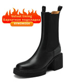 Boots Women 2022 Winter Split Cow Leather Chunky Heel Black Mid-calf Ladies Platform Bootie Handmade High Quality
