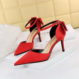 Breakj Korean Version Of Sweet Women's Shoes Fine Heel High Heel Shallow Mouth Pointed Silk Hollow Bow After A Word With