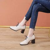 Spring and Autumn New High Heels Women's British Style Thick Heels Fashion Lace-up Deep Mouth Small Leather