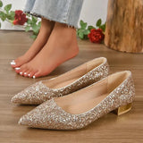 Low Heels Pumps Women 2023 Spring Shiny Sequins Pointed Toe Party Shoes Woman Plus Size Simple Thick Heeled Bride