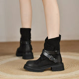 Autumn British Style Retro Thick Heels Buckles Genuine Leather Women Mid-Calf Half Motorcycle Boots Winter Plush