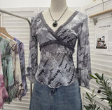 Picts Picts Retro Tie-Dye-Print Yarn Lace V-Neck Low-Breast Horn Sleeves Short Thin T-Shirt Top