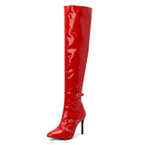 Winter Thin Heels Thigh Boots Women Pointed Toe Over the Knee Boots Big Size 48 Buckles Stiletto Patent Leather Zip