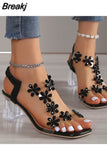 Women Sandals 2023 Summer Crystal Flower Decoration Chunky Heel Peep Toe Back Strap Elastic Band Elegant Fashion Women's