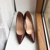 Coffee Brown Crocodile Effect Women Pointy Toe High Heel Party Shoes Soft Comfortable Sexy Stiletto Pumps Plus