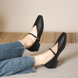 Low Heel Women Shoes Solid Square Toe Single Shoes Comfortable High Heels Leather Shoes Shallow Ladies Office