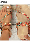 Summer Women Beach Bohemian Print Flip Flops Fashion Flower Rhinestone Weave Gladiator Non-slip Slides Slipper
