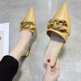 Women's Mules Shoes Pointed Toe Low Heel Women's Slippers Summer Metal Chain Female Sandals Woman Closed Toe Casual