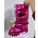 Women's Mid Calf Boots Thick Bottom Round Toe Runway Style Pleated Boots Women Platform Boots Gold Silver Large Size Shoes