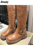 High Heels Women Mid Calf Boots 2023 Hot Punk Gothic Knee High Motorcycles Boots Buckle Comfy Walking Boots Autumn