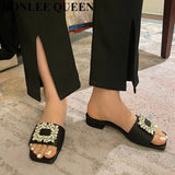 Jewel Slides Women Shoes Open Toe Flat Heels Slip On Mules Crystal Slippers Brand Rhinestone Square Buckle Sandals