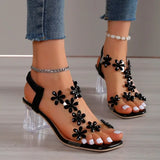 Women Sandals 2023 Summer Crystal Flower Decoration Chunky Heel Peep Toe Back Strap Elastic Band Elegant Fashion Women's