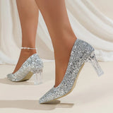 Shiny Crystal Silver Pumps Women 2024 New Clear Thick Heels Wedding Party Shoes Woman Plus Size Sequin Pointed Toe