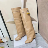 Buckle Women High Knee Boots Large Size High Heels Designer Shoes British Style Denim Wedges Knight Boots For Women
