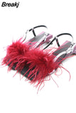 Summer Women Sandals A Word Type Strap Strange Heel True Feather Sandals Ornaments Alien Heel Ladies Party Shoes