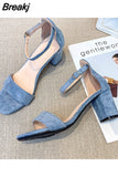 High Heel Sandals Women's Shoes Women's Summer Women's Leather Velvet Open Toe Thick Heel Buckle Bag Heel Size 34-42