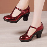 Heel Cheongsam Catwalk High Heels Women's Thick Heels Round Head Large Size Square Dancing Shoes T-String Buckle Comfortable Mother Single