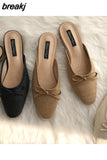 Women Brand Flat Slippers Summer Slides Bowtie Shallow Square Toe Mule Women Breathable Knitting Flip Flops Women Platform