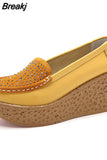 Leather Wedge Platform Shoes Ladies Slip On Crystal Flat Shoes High Heel 7cm Thick Sole Shallow Flats Casual