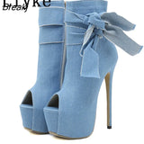 New Style Blue Denim Platform Boots For Women Sexy Peep Toe Zip Party Club Pole Dance Extreme High Heels Stiletto