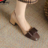 Single Shoes Small High Heel Bow-Knot Women Shoes Square Toe Splicing Low-Heeled