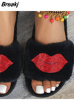 New Style Women's Home Fur Slippers Woman Red Lips Rhinestone Fur Home Slippers Flat Indoor Floor Shoes Women