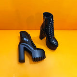 Boots Round Toe Block High Heel 14cm Platform Zipper Lace Up Plus Size 35-43 Party Booty Solid Platform Boots Ladies