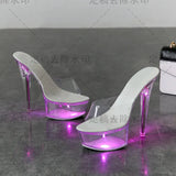 Breakj 34-43 Sexy Super High Heels Luminous Thin Heel Waterproof Platform Sandals Transparent Model Crystal Shoes Wedding