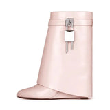 Lock Buckle Women's Mid Calf Boots Punk Style Round Toe High Heel Western Boots Luxury Designer Wedges Women's Short