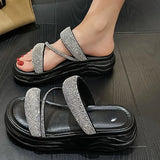Korean Style Women's Slippers Indoor Shoes Solid Color with Glitter for Home and Beach Black/White Bling Flip