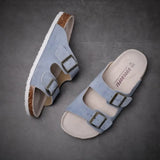 New Summer Men Beach Suede Cork Slipper Couple Shoe Casual Nubuck Leather Women Outdoor Double Buckle Slide