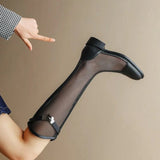 Summer Thick Heel Round Head Flat Bottom Thin Breathable Mesh Hollow Cool Boots Genuine Leather High Barrel Women's