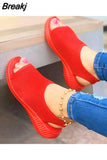 Women 2023 Summer Solid Color Flying Weave Sandals Open Toe Wedges Shoes Platform Slip-On Light Weight Casual Ladies