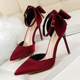 Breakj Korean Version Of Sweet Women's Shoes Fine Heel High Heel Shallow Mouth Pointed Silk Hollow Bow After A Word With