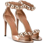 Sandals Women Button Studded Sandals Pyramid Studs Embellished High Heels Pom Pom Stiletto Heels Pumps Summer Dress