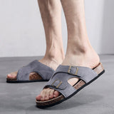 Fashion Men Beach Cork Slippers Summer Buckle Cow Suede Non-slip Outside EVA Slide