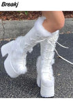 New Pink White Platform Women Knee-high Boots 2023 Winter Warm Plush Flock Gothic Style Chunky Heel Punk Women Shoes