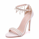 Queen Sexy Women Sandals High Heels Pearl Rhinestone 11CM Open Toe Ankle Strap Party Shoes