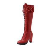 2022 Autumn Winter Women Knee-High Motorcycle Boots Thick Heel Platform Bow-knot Female Wedding Boots Plus Size 48