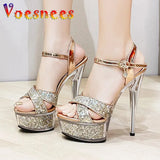 Sequined Slim Heel Women's Shoes Waterproof Platform Peep Toe Sandals Transparent Crystal Sole Sexy Buckle Strap High