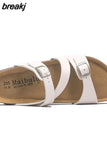 Fashion Print Cork Slipper 2023 New Summer Women Beach Double Buckle Slides