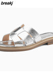 Size 34-40 Women Slides Sandals Genuine Leather Summer Low Heels Shoes Woman Home House Slippers Outdoor Casual
