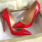 Red Crocodile-Effect Embossed Pattern Women Sexy Stiletto High Heels Shallow Cut Pointed Toe Slip On Pumps Party