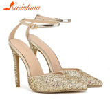 Brand 2023 Thin High Heel Ankle Strap Pumps Shoes Pointed Toe Metallic Feel Design Sexy Style Spring Summer Lady Women