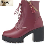 Women's Ankle 2023 New Genuine Leather Natural Wool Warm Winter Winter Chunky Heel Thick Bottom Platform Round Head Lace-up